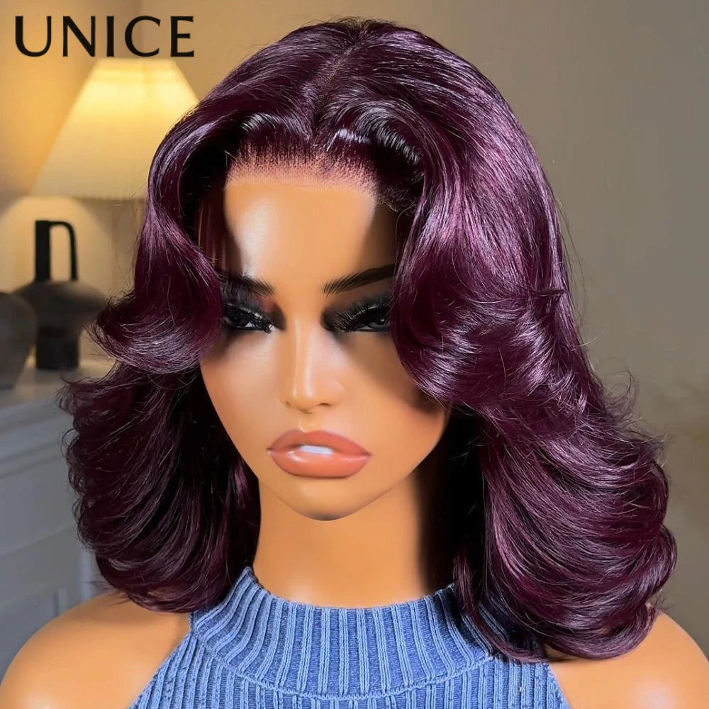 UNICE Hair Black Cherry Wavy Bob Wig With Face-framing Layers 7x5 Lace Pre Cut Pre Bleached Glueless Wig Human Hair 150% Density
