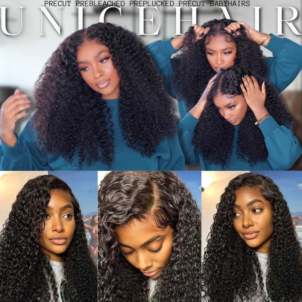 Unice Hair Jerry Curly Wig With Coily Edges 7x5 Lace Pre Cut Pre Bleached Glueless Wig Human Hair Ready To Wear 150% Density
