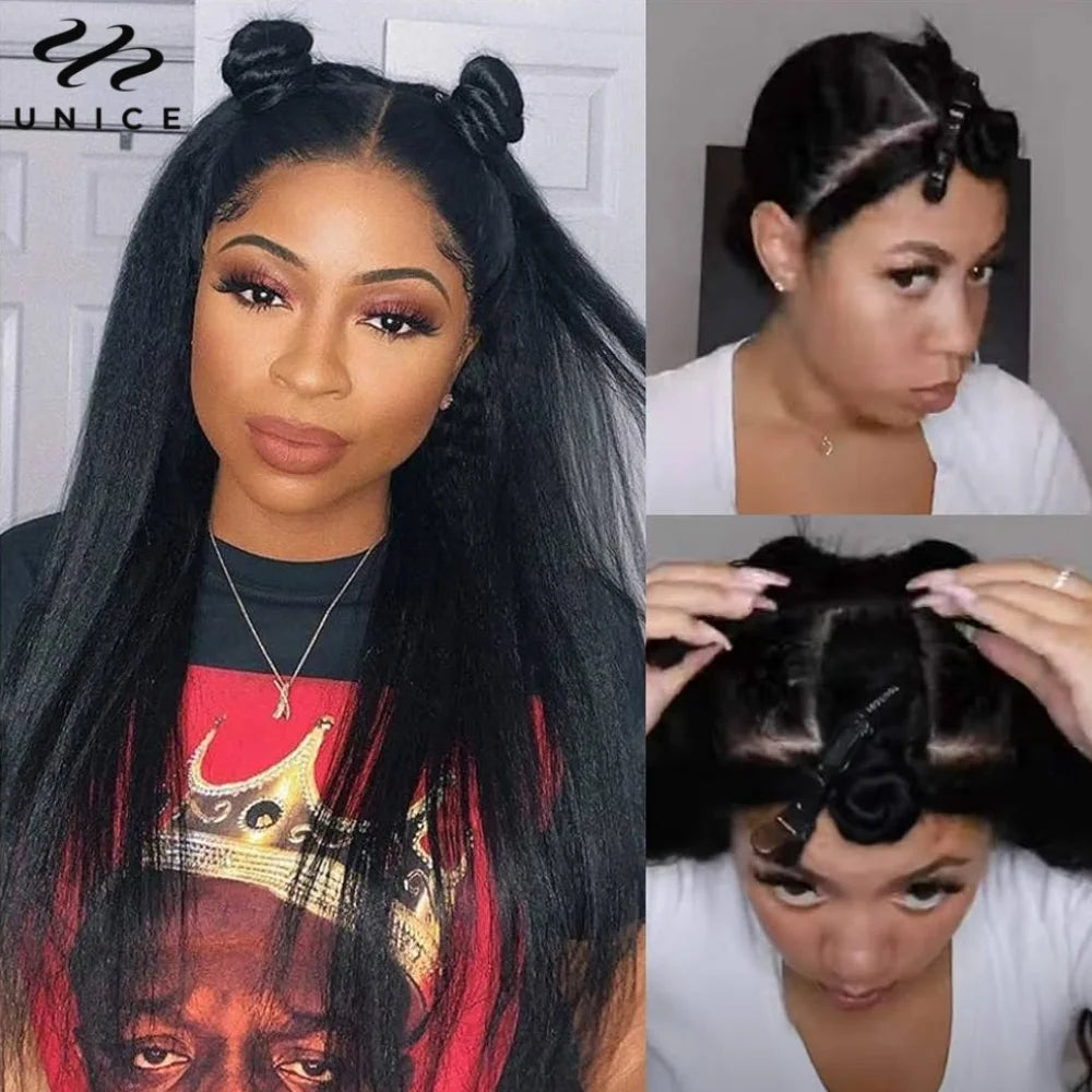 Unice Hair EasiContour Kinky Straight V Part Wig With Elastic Drawstring 100% Human Hair Upgrade U Part Wig 150% Density