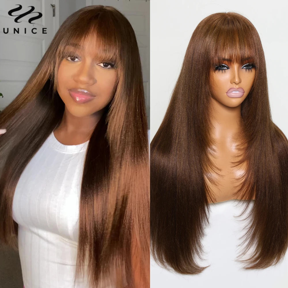 UNICE #4 Brown Color Yaki Straight Lace Wig With Bangs Layered Cut 4x2 Middel Part Lace Front Human Hair Wig 150% Density