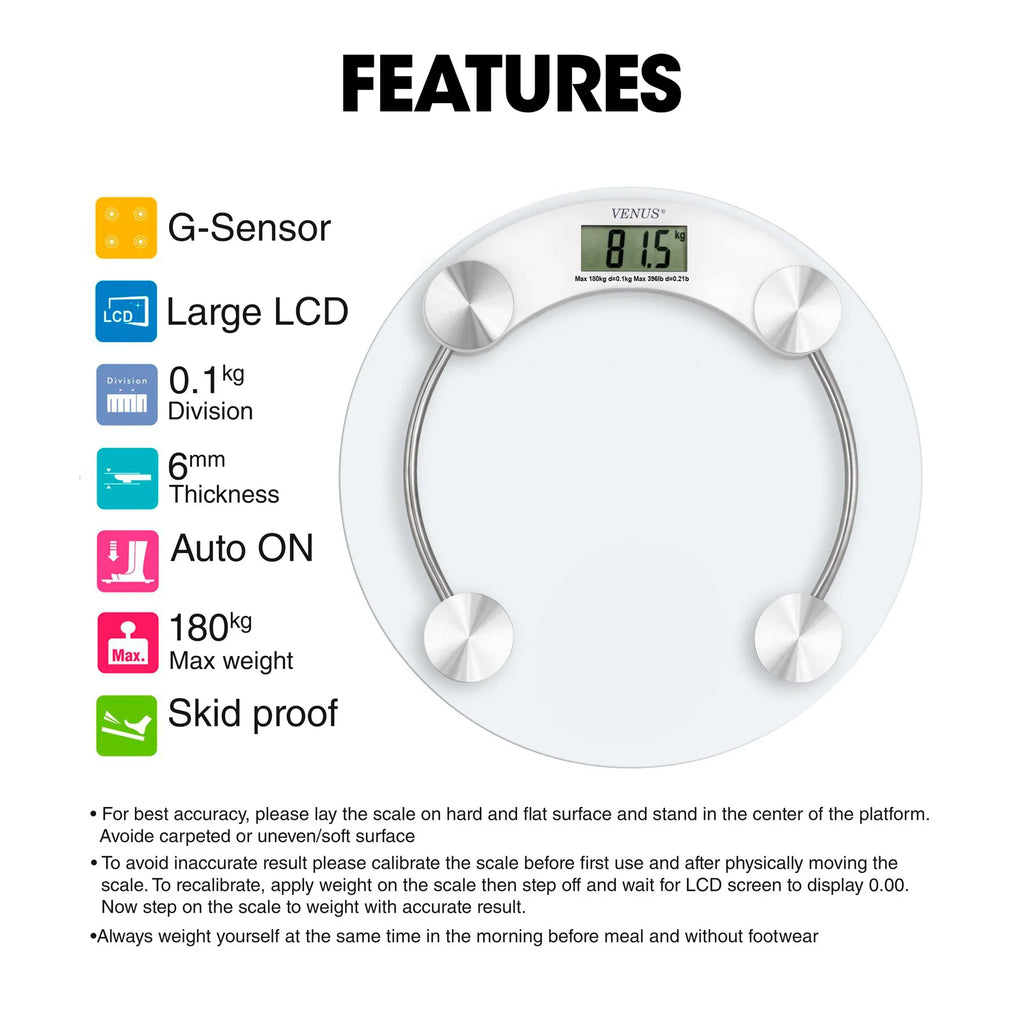 Transparent 180 kg Tempered Glass Body Eco-Friendly Durable Non-Slip Adjustable Bathroom Weighing Scale High Strain Gauge Sensor