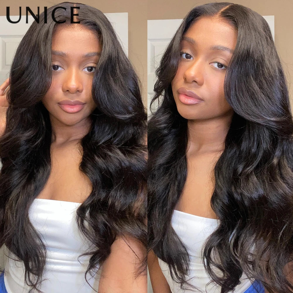 UNICE Hair 13x4 HD Real Scalp Wig Drawstring Cap Loose Wave with Face Framing Curtain Bangs Pre Cut Pre Bleached Glueless Wig