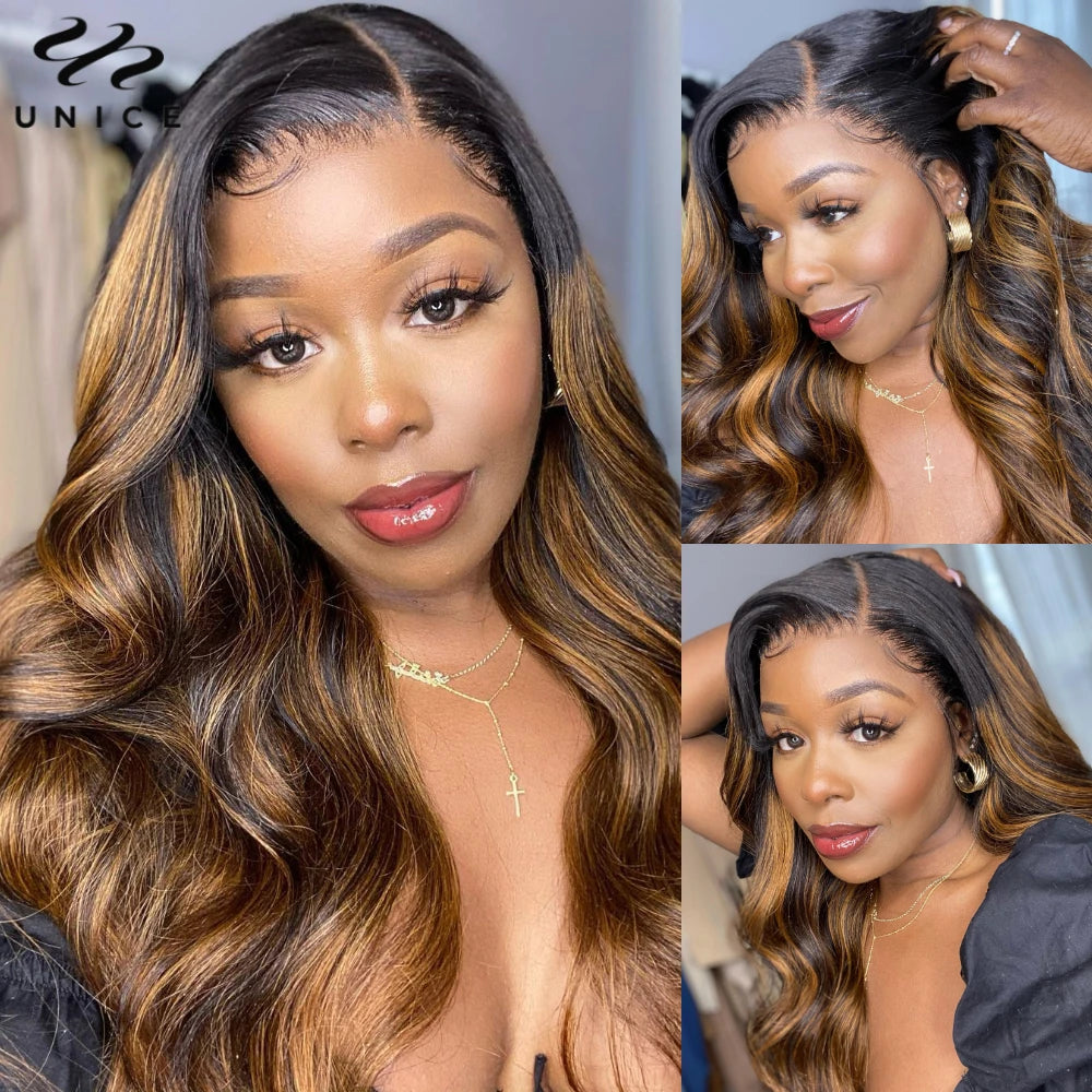 Unice Balayage Brown Body Wave Drawstring Wig 7x5 Pre Cut Pre Bleached Glueless Wig 13x4 Human Hair Lace Frontal Wig 150%Density