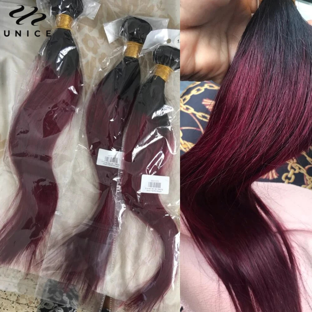 UNICE Hair 1B99J Straight Human Hair Bundles 1/3/4 PCS Deal Ombre Burgundy Pre Colored Burgundy 100% Human Hair Bundles
