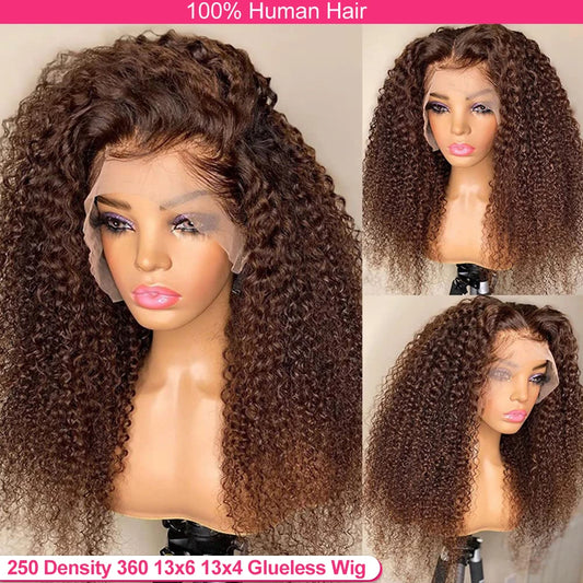 Deep Wave 13x6 HD Lace Frontal Wig Invisible Strap 360 Full Lace Wig Glueless Human Hair Wig Chocolate Brown Lace Front Wig