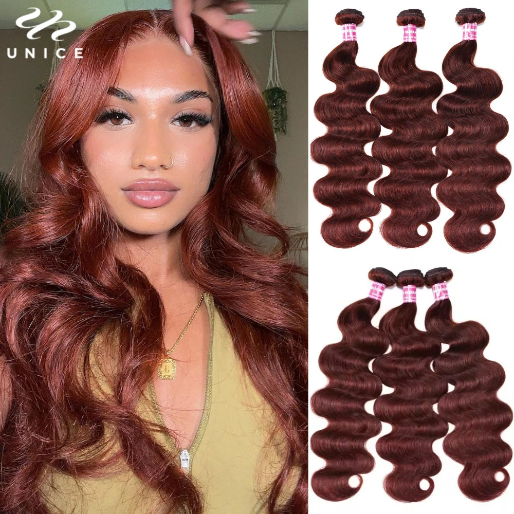 UNICE Hair Reddish Brown Body Wave Human Hair Bundles with Closure 100% Human Hair 4x4 Lace Closure With 2/3/4 PCS Bundles Deal