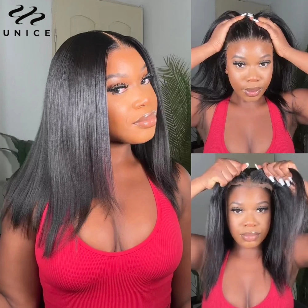 UNice Hair Yaki Straight Bob Wig Pre Everything 7x5 13x4 Lace Front Wig Human Hair Pre Bleached Pre Cut Wear Go Glueless Wigs