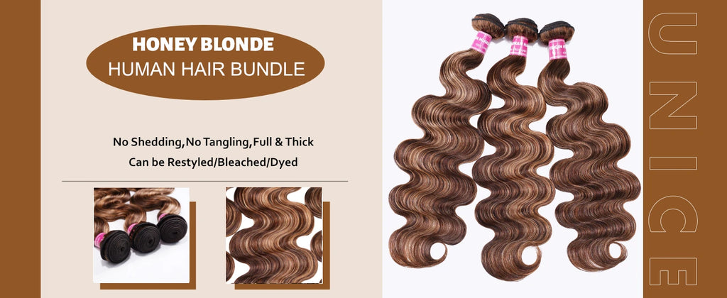 Unice Hair Blonde Highlight Body Wave Human Hair Bundles 1/3/4 Bundles 100% Human Hair Quick Weave Sew In Hair Extensions