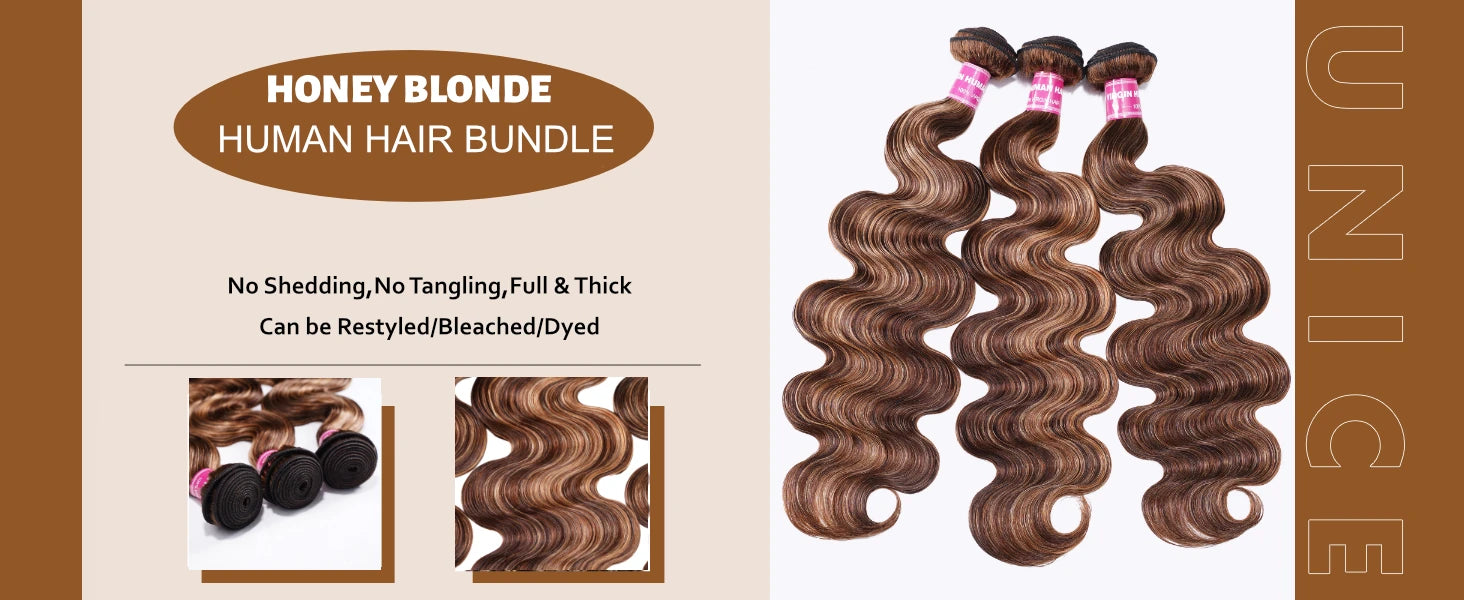 Unice Hair Blonde Highlight Body Wave Human Hair Bundles 1/3/4 Bundles 100% Human Hair Quick Weave Sew In Hair Extensions