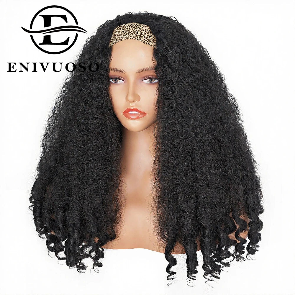 Afro Kinky Straight Headband Wigs For Black Women 22 Inch Natural Black Short Afro Yaki Straight Wigs With Headband Bouncy Curly