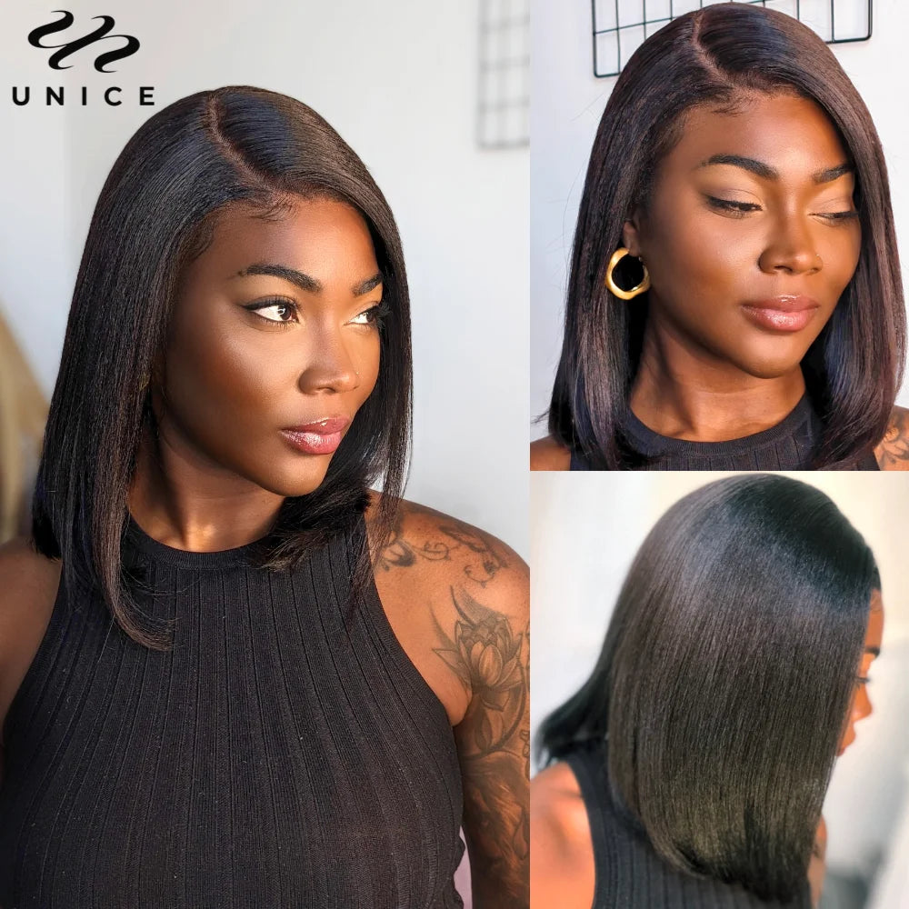 UNice Hair Drawstring Cap Yaki Straight Bob Wig Pre Cut Pre Bleached 7x5 Lace Closure Glueless Wigs Human Hair Ready To Wear Go