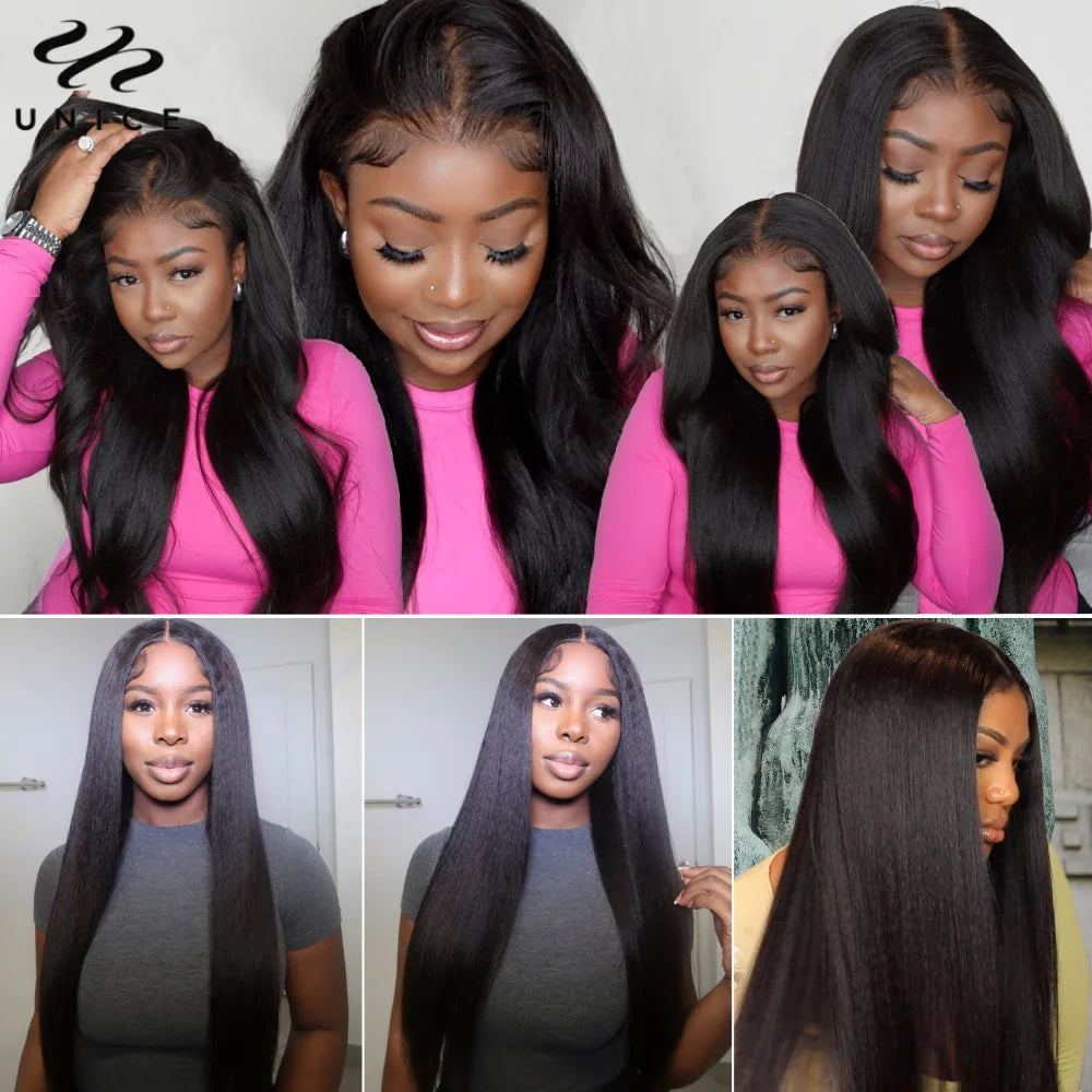 UNice Hair Pre Everything 7x5 13x4 Yaki Straight Wig Pre Plucked Pre Cut Pre Bleached Glueless Wig Human Hair Ready To Wear 150%