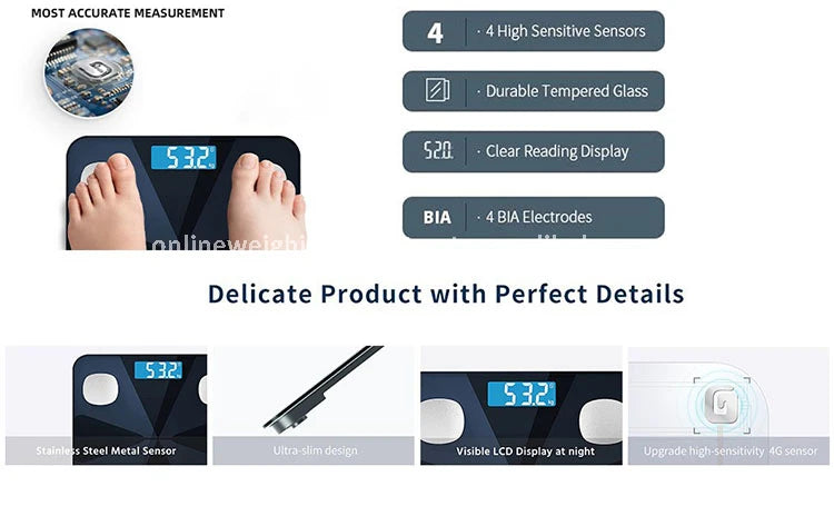 Electronics Smart Glass Modern LCD Bathroom Kitchen Scale 180 kg 100 g for Digital Body Fat BMI Sensor App-Connected