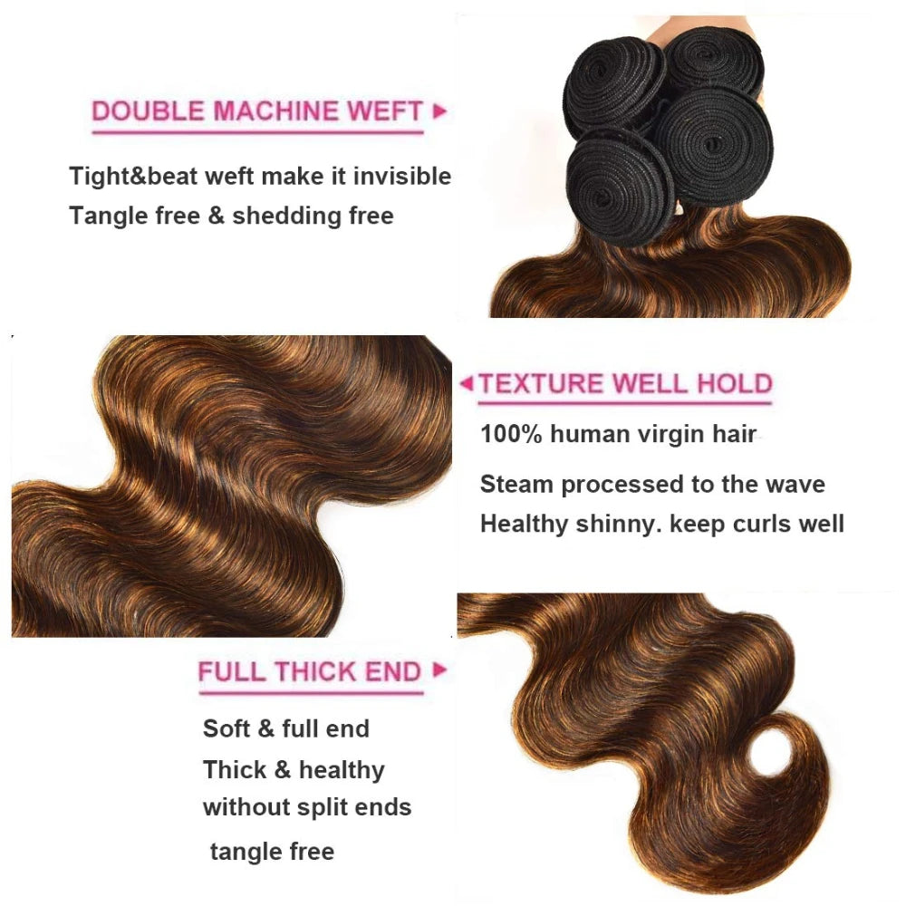 Unice Hair Brown Highlight Body Wave Human Hair Bundles 3PCS Deal 100% Human Hair Balayage Colored Bundles Sew In Weaves