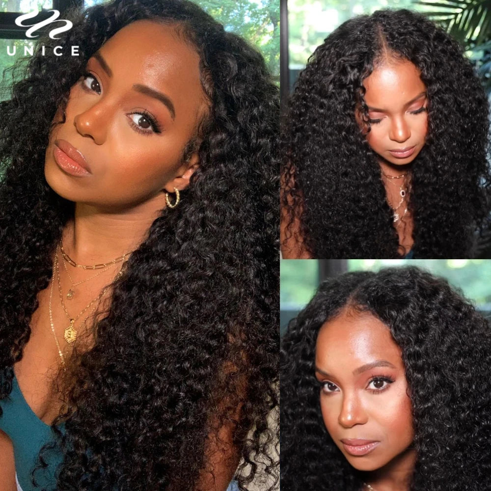 Unice Hair Curly V Part Wig With Elastic Drawstring Fit For All Head Sizes 100% Human Hair Wig No Glue 150% Density 30 Inch