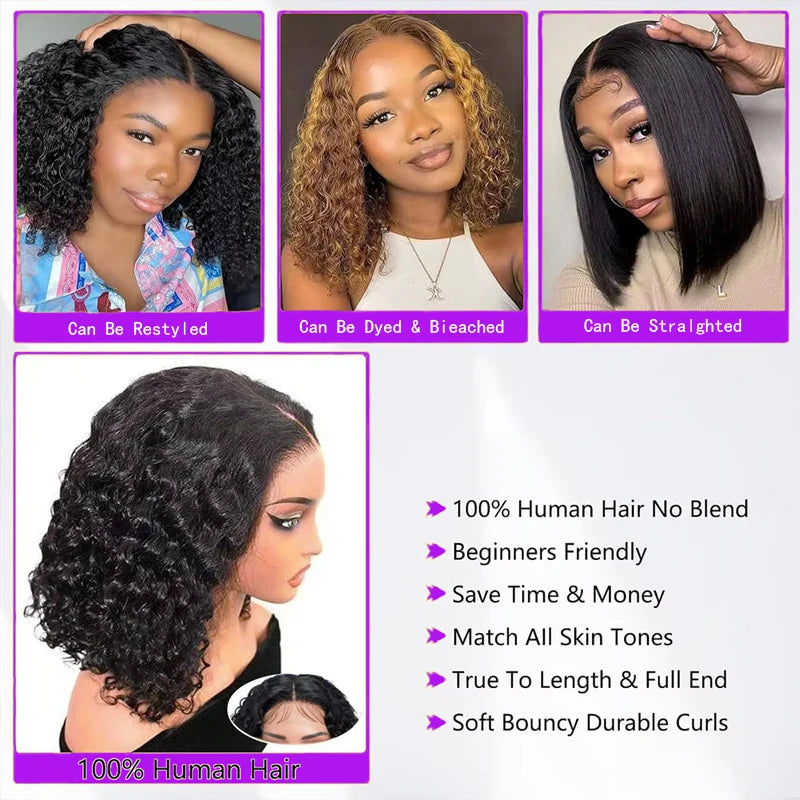 Bob Wigs Human Hair Deep Wave Curly Short Bob Wigs 13X4 Transparent Lace Front Wigs 200% Density 100% Human Hair For Black Women