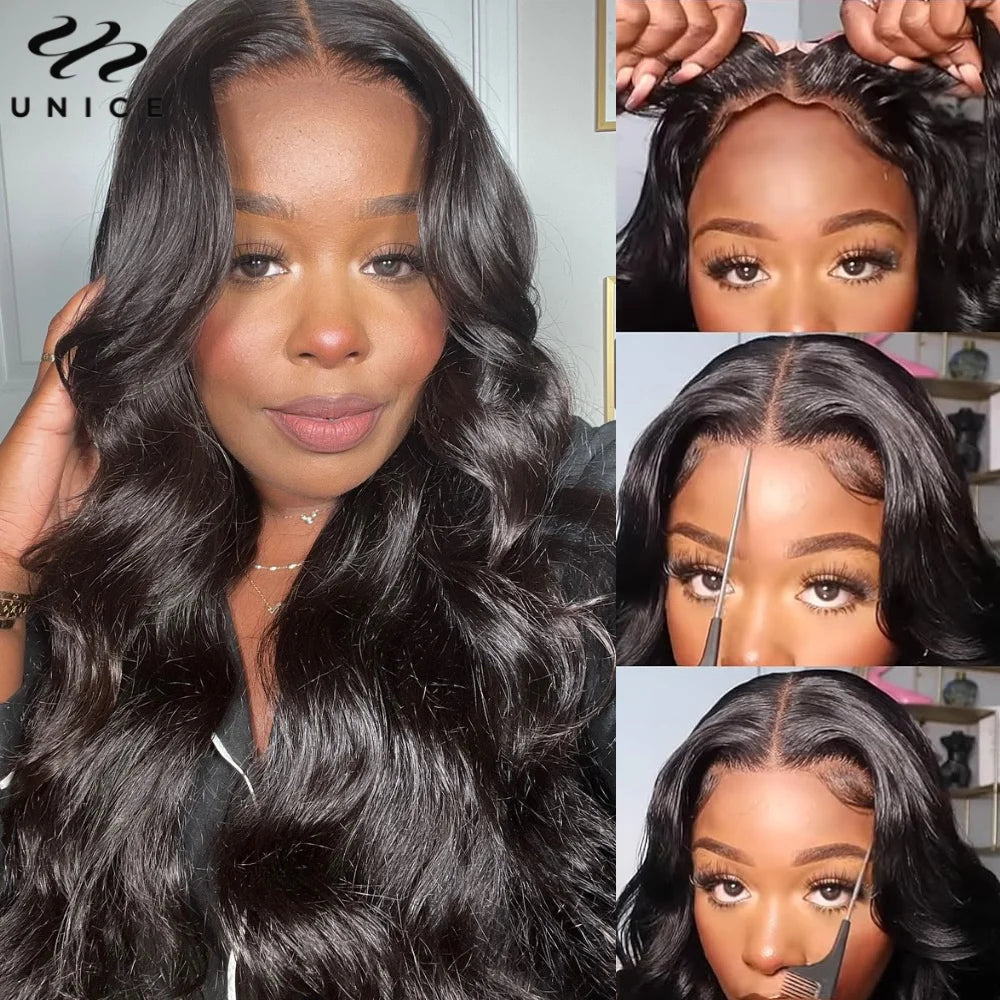 UNice 7x5 Glueless Wig Pre Bleached Pre Cut Pre Plucked Body Wave Human Hair Lace Wig Ready To Wear Go Lace Closure Wig