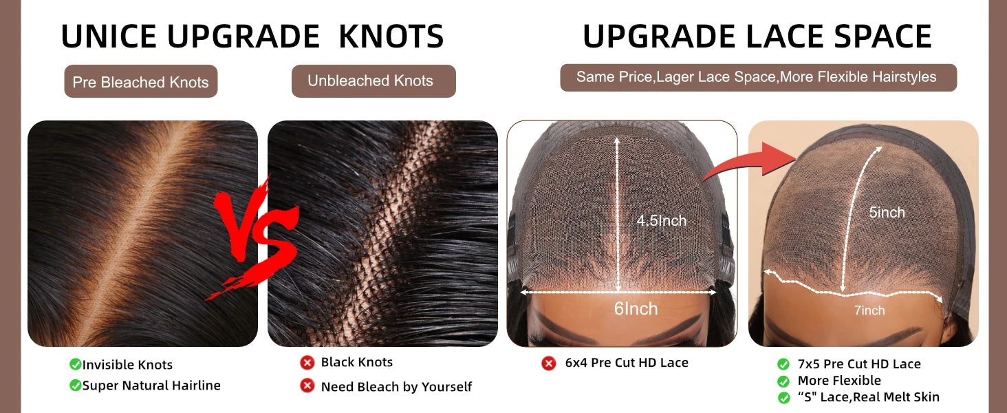 UNice Hair Bye-Bye Knots Pre Cut 7x5 Lace Closure Wig Honey Blonde Body Wave Glueless Wigs Human Hair Ready To Wear
