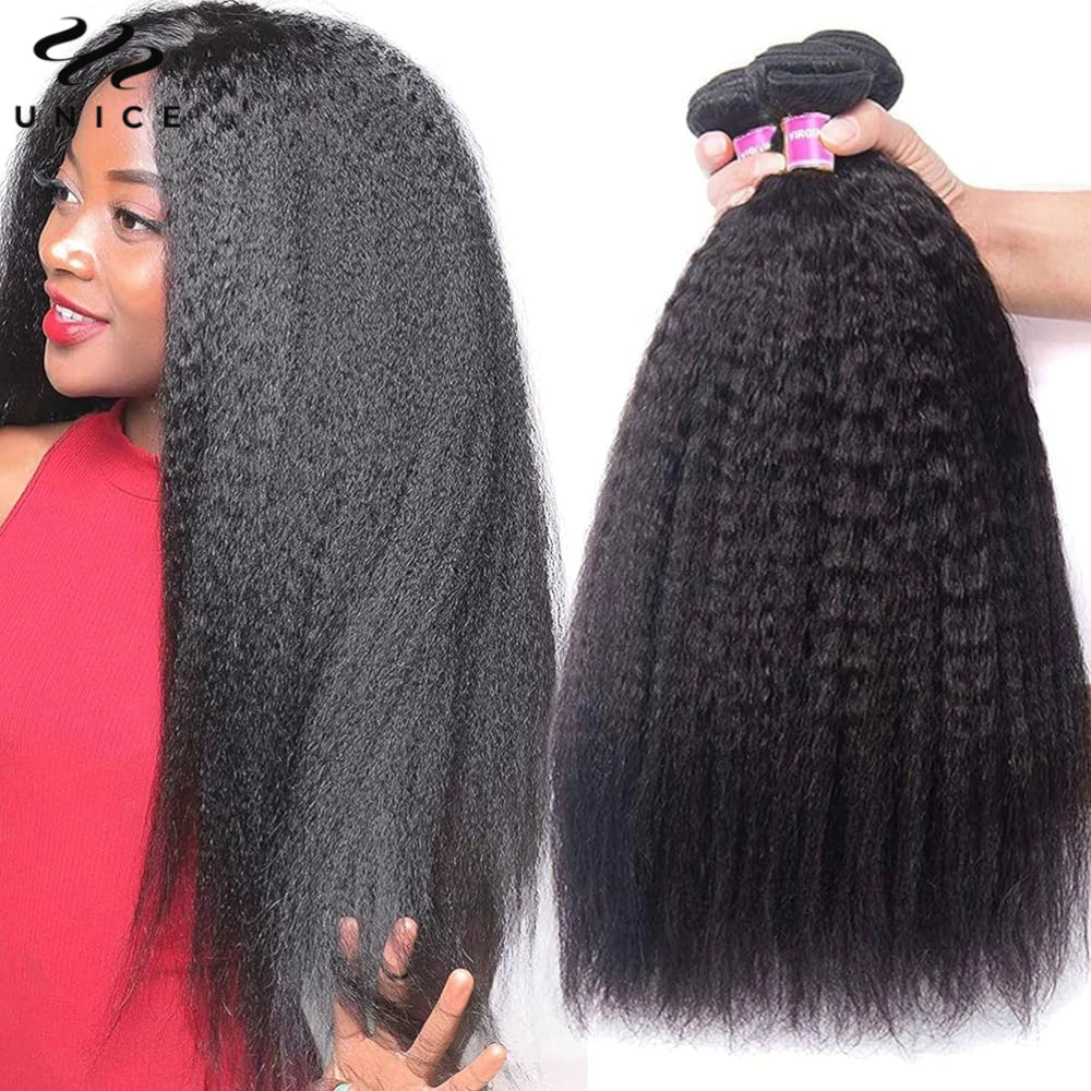 UNice Hair Kinky Straight Human Hair Bundles 3PCS Deal 100% Human Hair Natural Color Sew In Bundles Quick Weave