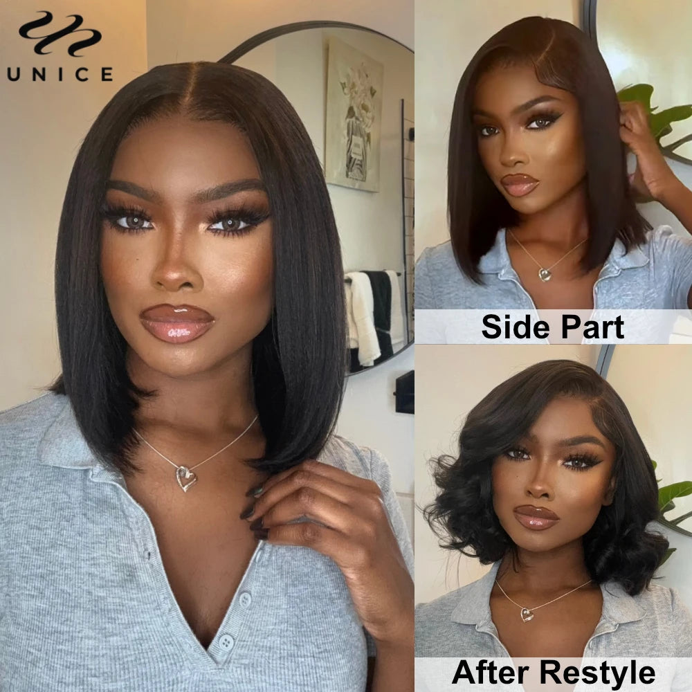 UNice Hair Drawstring Cap Yaki Straight Bob Wig Pre Cut Pre Bleached 7x5 Lace Closure Glueless Wigs Human Hair Ready To Wear Go