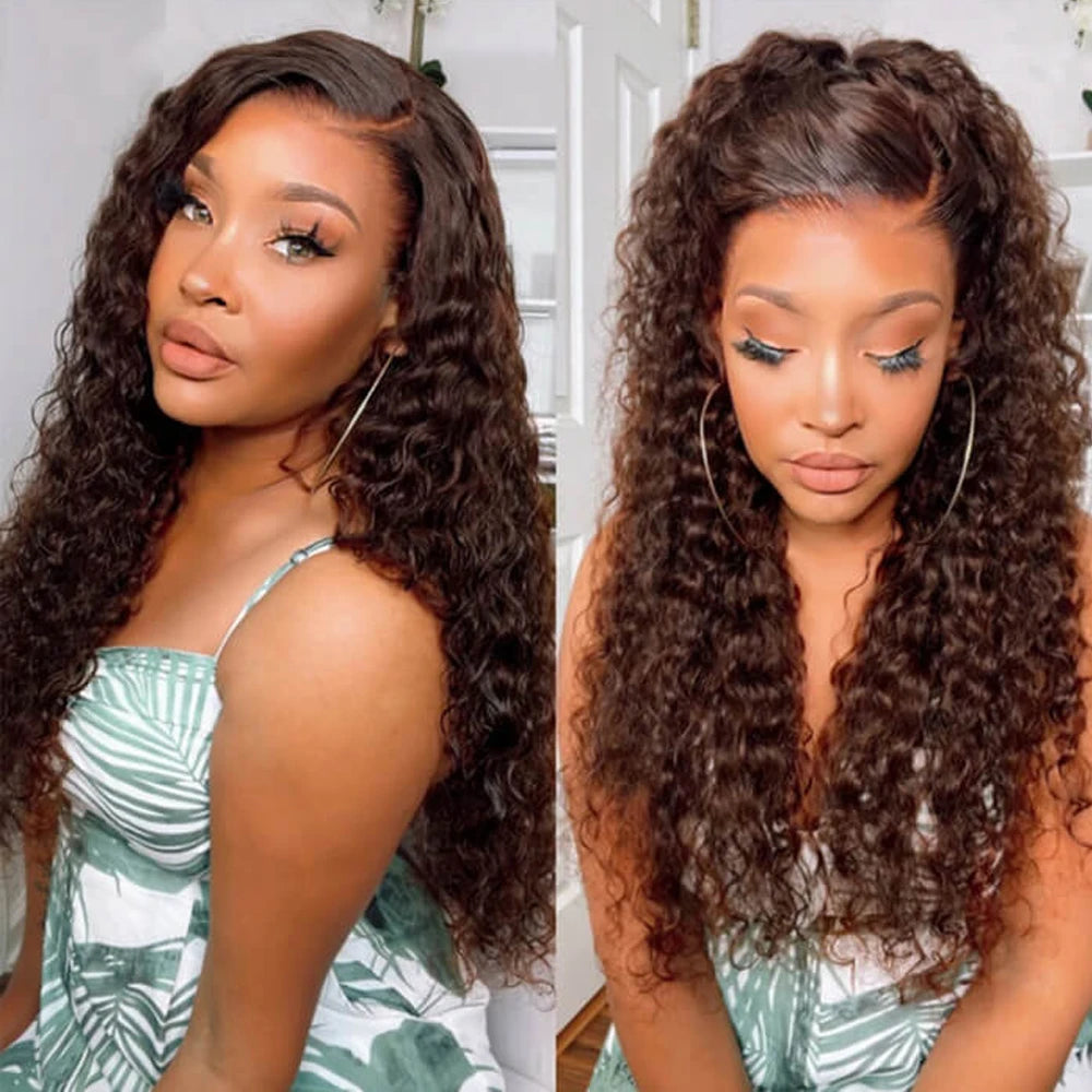 Deep Wave 13x6 HD Lace Frontal Wig Invisible Strap 360 Full Lace Wig Glueless Human Hair Wig Chocolate Brown Lace Front Wig