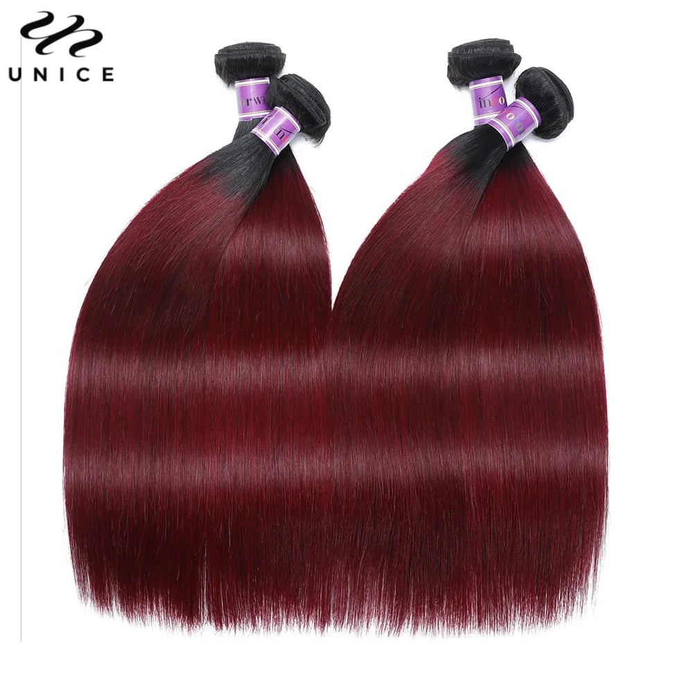 UNICE Hair 1B99J Straight Human Hair Bundles 1/3/4 PCS Deal Ombre Burgundy Pre Colored Burgundy 100% Human Hair Bundles