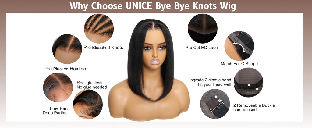 UNice 7x5 Pre Cut Pre Bleached Glueless Wig Silky Straight Bob Wig Short Human Hair Bob Lace Front Wig Human Hair Ready To Wear