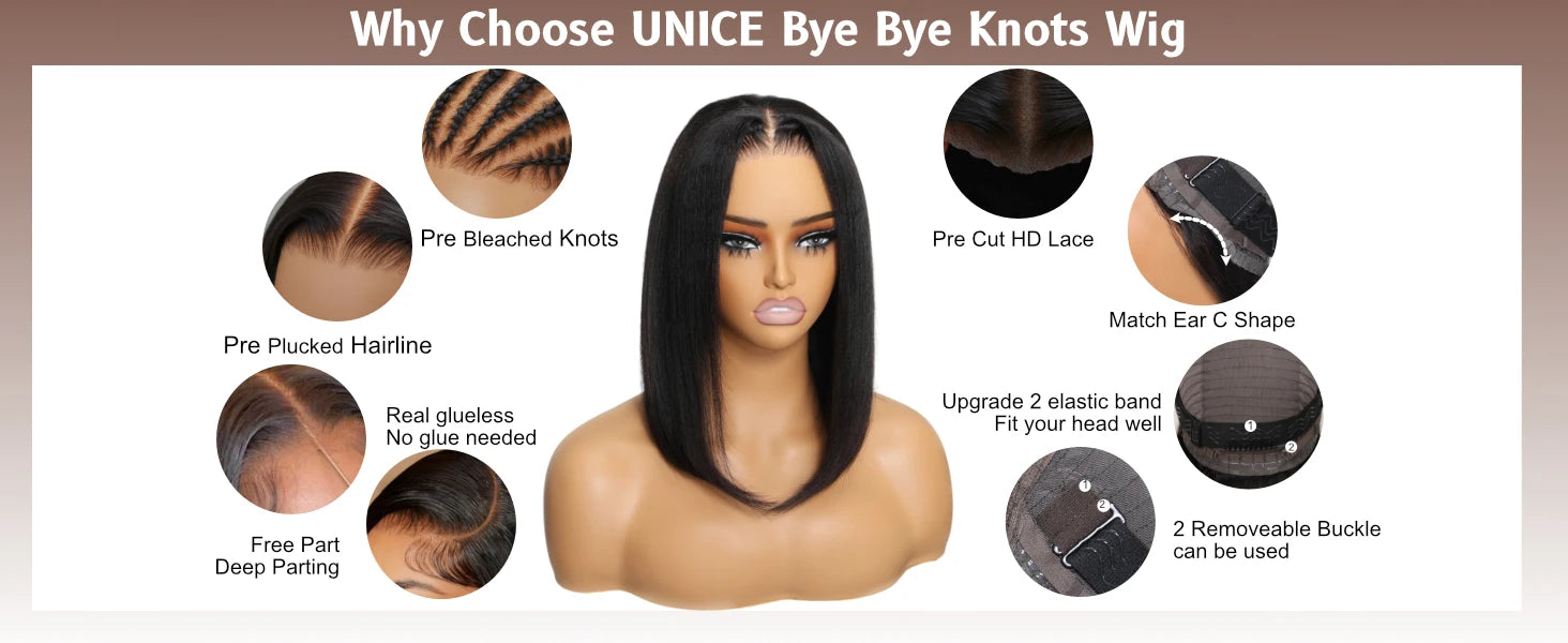UNice 7x5 Pre Cut Pre Bleached Glueless Wig Silky Straight Bob Wig Short Human Hair Bob Lace Front Wig Human Hair Ready To Wear