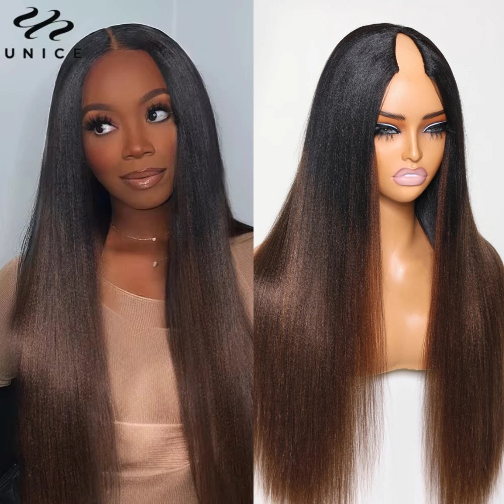 UNice Hair EasiContour V Part Wig 100% Human Hair Yaki Straight Wig With Invisible Drawstring Most Natural Upgraded V-Part Wig