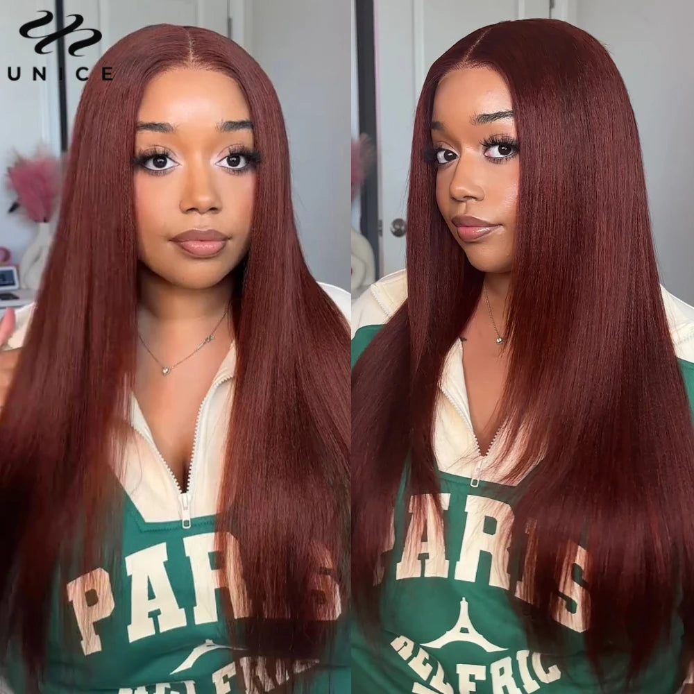 UNice Hair Reddish Brown Yaki Straight Wig 7x5 Lace Pre Cut Pre Bleached Glueless Wig Human Hair Ready To Wear 150% Density