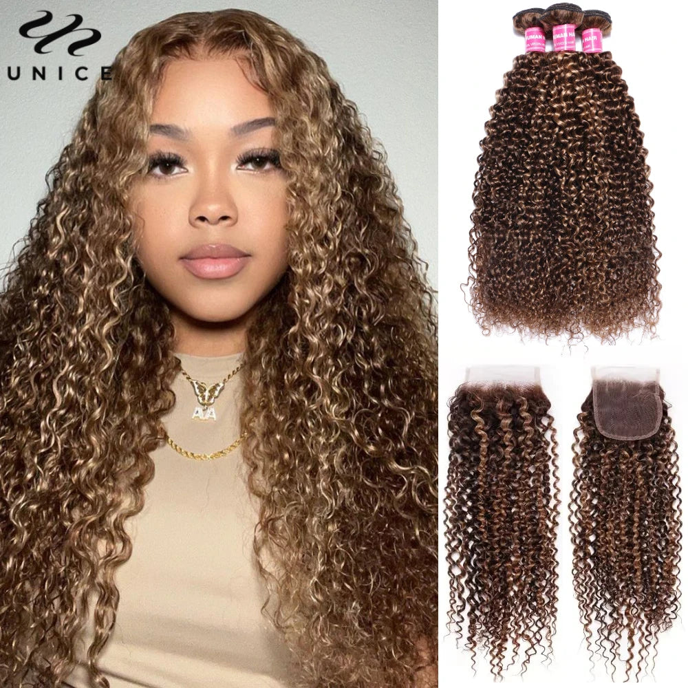 UNice Hair Highlight Blonde Curly Hair 2/3/4 Bundles With Closure 100% Human Hair Lace Closure With Bundles Sew In Quick Weaves