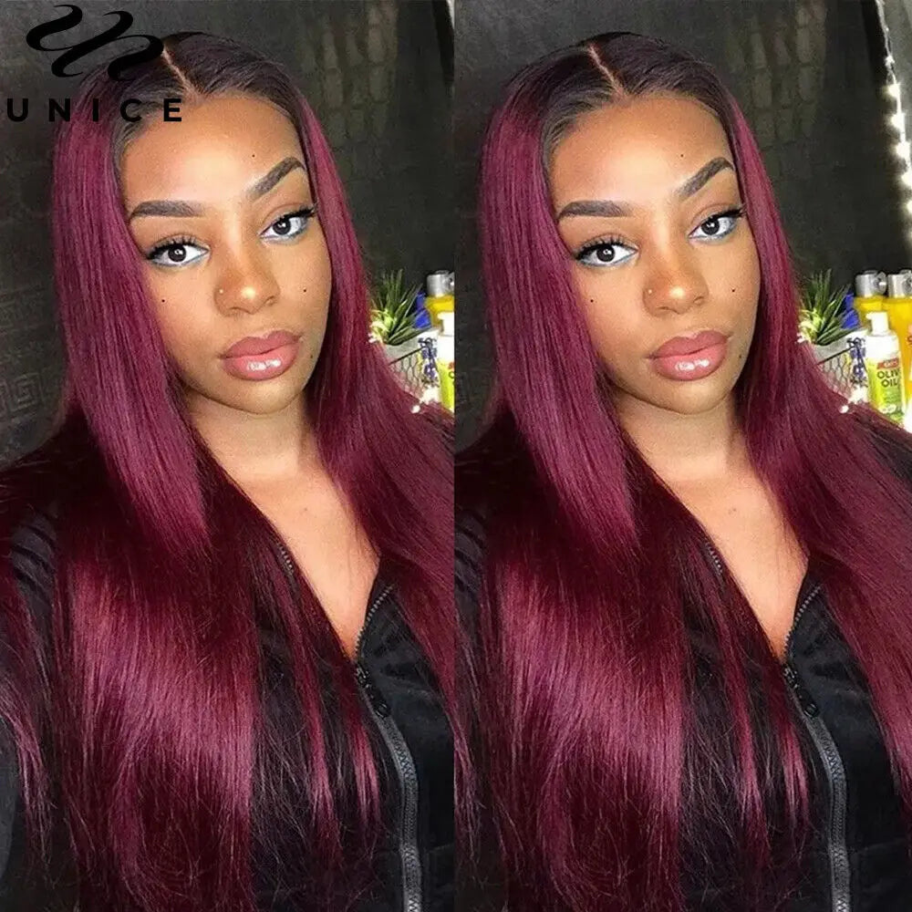 UNICE Hair 1B99J Straight Human Hair Bundles 1/3/4 PCS Deal Ombre Burgundy Pre Colored Burgundy 100% Human Hair Bundles