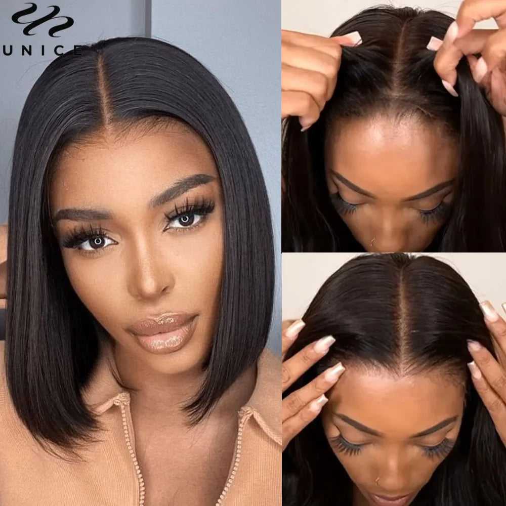UNice Bye-Bye Knots 7x5 Lace Pre Cut Pre Bleached Glueless Human Hair Bob Wig With Invisi Drawstring 150% Density