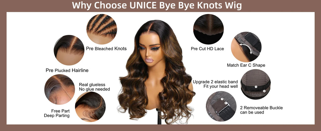 UNice Hair 7x5 Bye Bye Knots Balayage Highlight Body Wave Wig Pre Cut Pre Bleached Glueless Wig Human Hair 150% Density