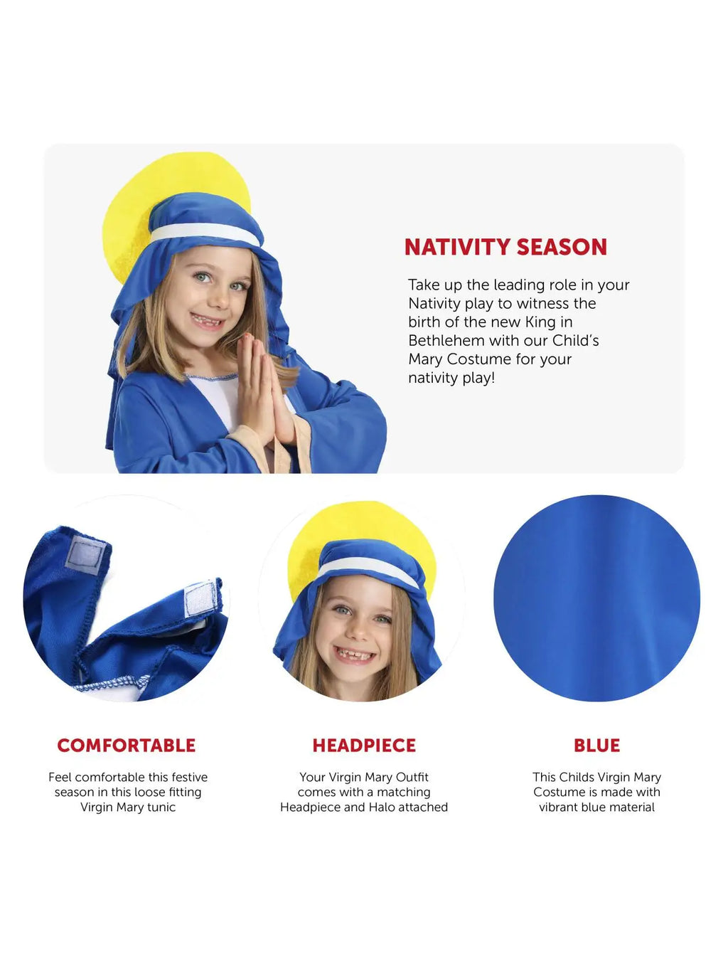 Childs Christmas Virgin Mary Costume - Mary & Joseph Nativity Fancy Dress Costume with Tunic, Headpiece With Halo - Nativity, Sc