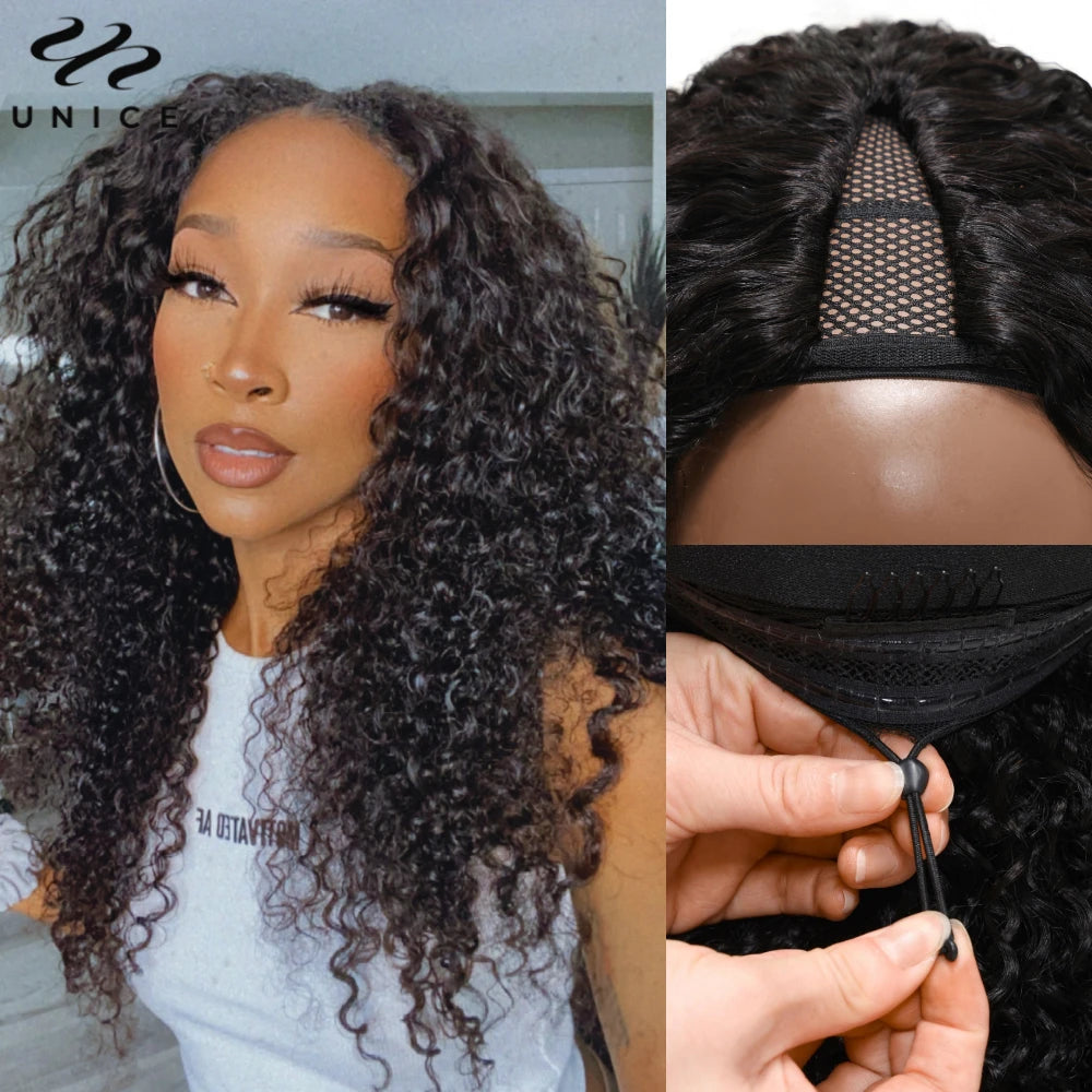 Unice Hair Curly V Part Wig With Elastic Drawstring Fit For All Head Sizes 100% Human Hair Wig No Glue 150% Density 30 Inch