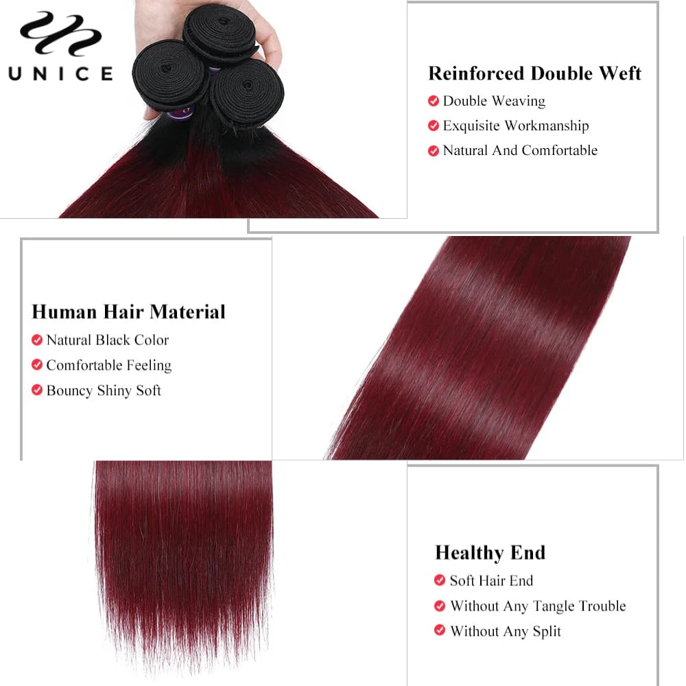 UNICE Hair 1B99J Straight Human Hair Bundles 1/3/4 PCS Deal Ombre Burgundy Pre Colored Burgundy 100% Human Hair Bundles