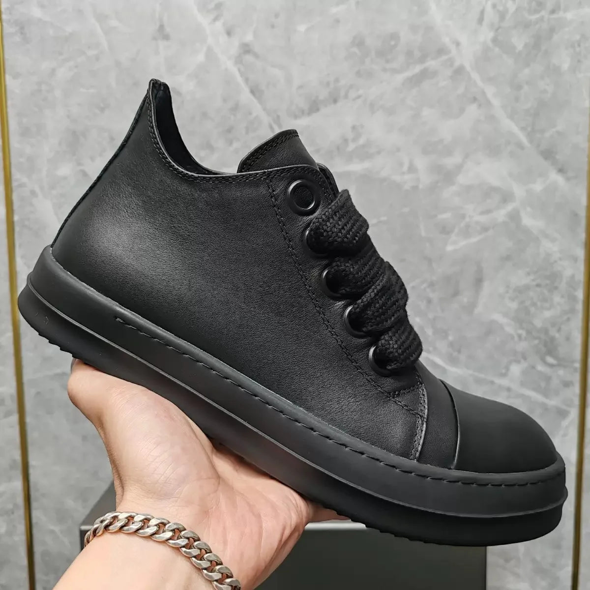 Designer Style Men's Leather Shoes Couples Retro Low-top Board Shoes Hip Hop Platform Sneakers Black
