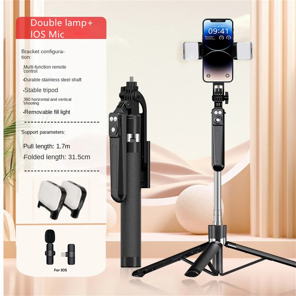 FANGTUOSI 1.7M 360 ° rotation Selfie Stick Wireless Tripod Stand with Light Bluetooth Remote Extendable phone holder for Tlktok