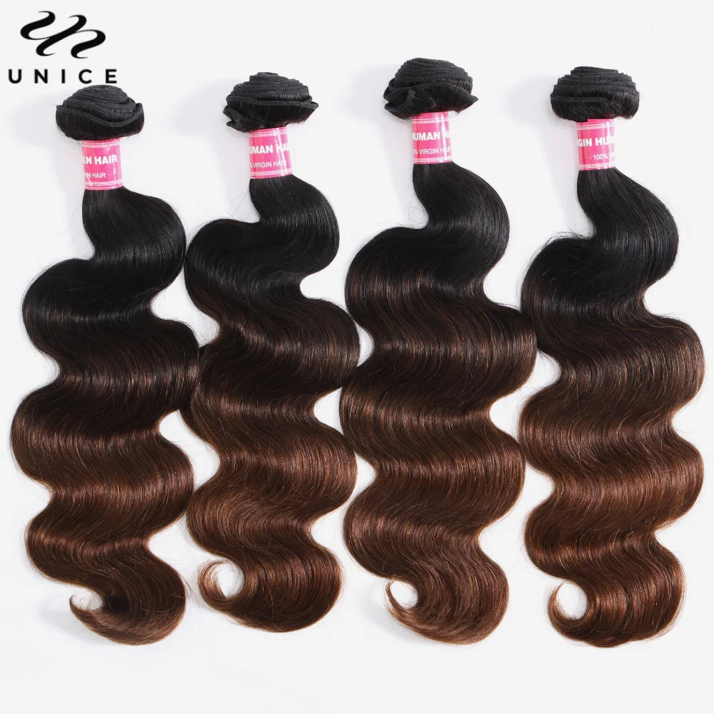 UNice Hair Ombre Brown Body Wave Bundles 4PCS With Black Root 100% Human Hair Bundles Quick Weave Traditional Sew In  Bundles