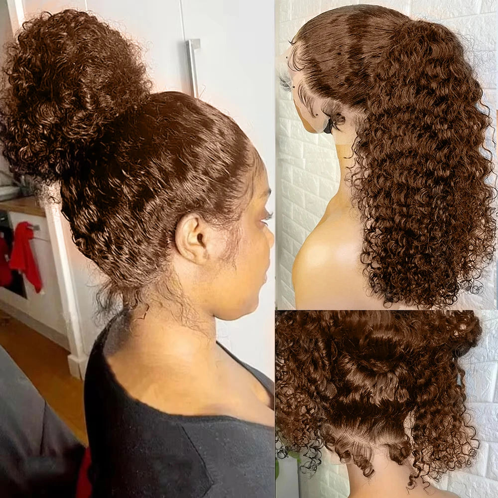 Deep Wave 13x6 HD Lace Frontal Wig Invisible Strap 360 Full Lace Wig Glueless Human Hair Wig Chocolate Brown Lace Front Wig