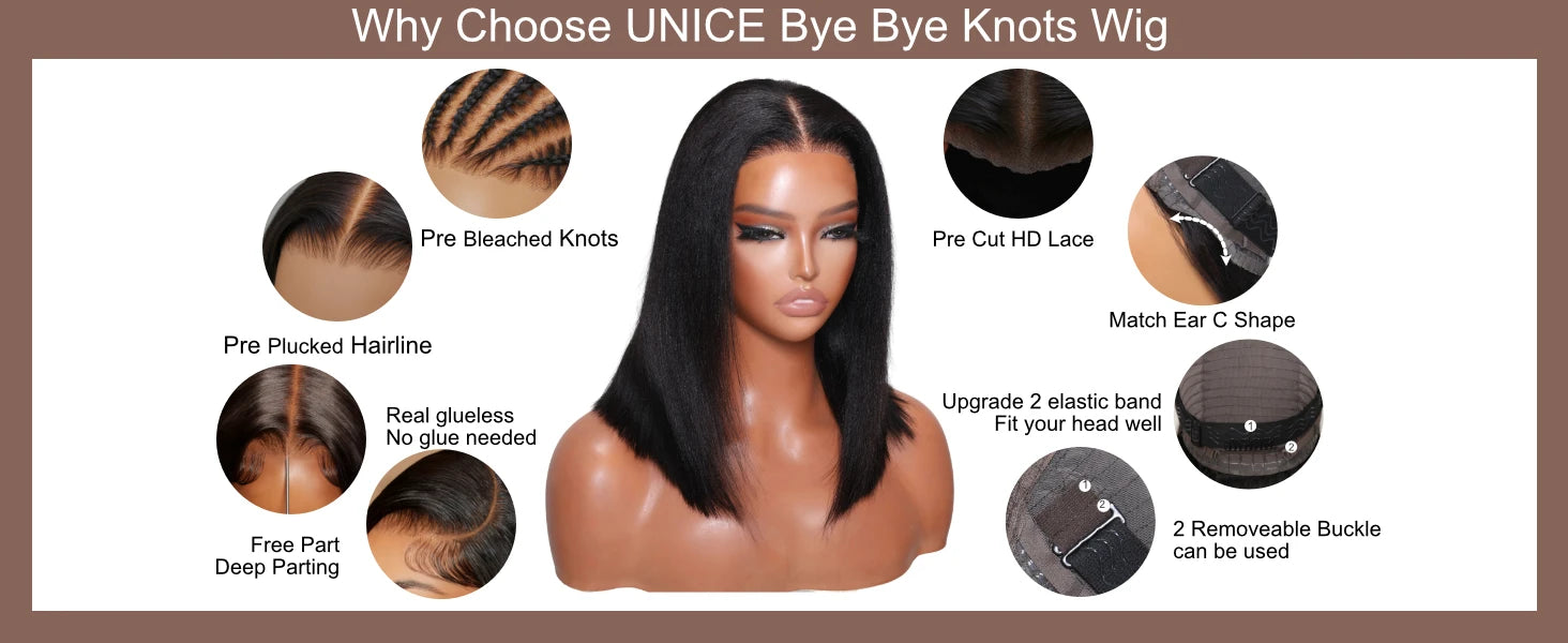 UNice Hair Yaki Straight Bob Wig Pre Everything 7x5 13x4 Lace Front Wig Human Hair Pre Bleached Pre Cut Wear Go Glueless Wigs