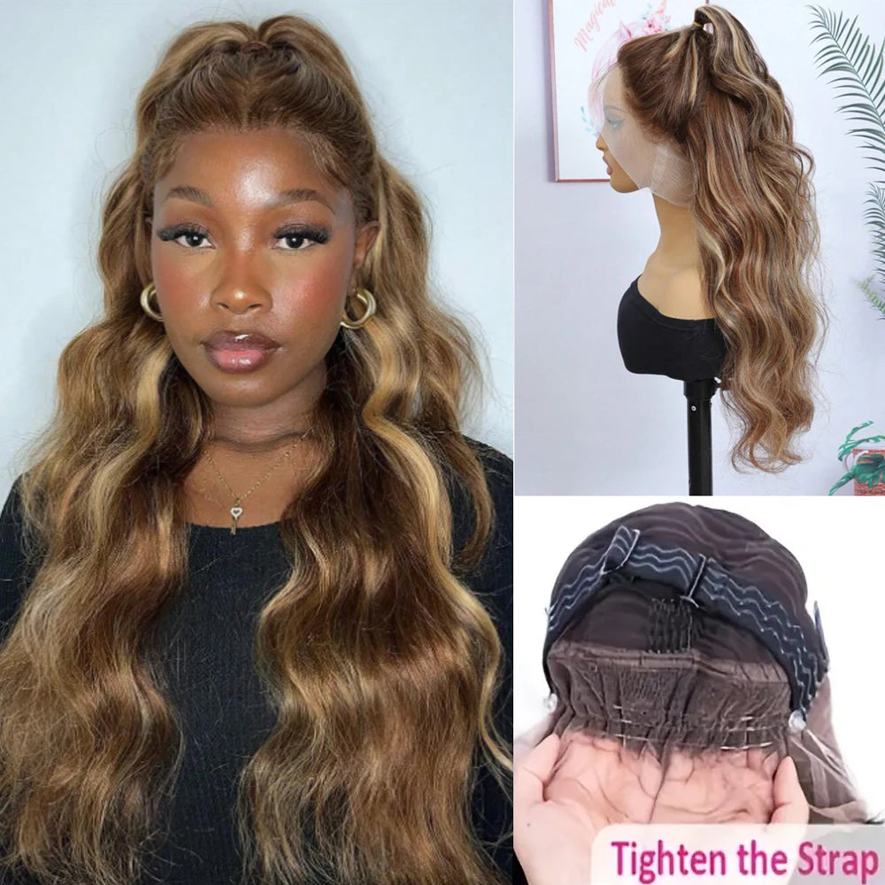 Highlight Ombre Invisi Strap 360 Full Lace Front Wig Human Hair Pre Plucked Body Wave 360 Glueless Upgrade 4/27 Human Hair Wig