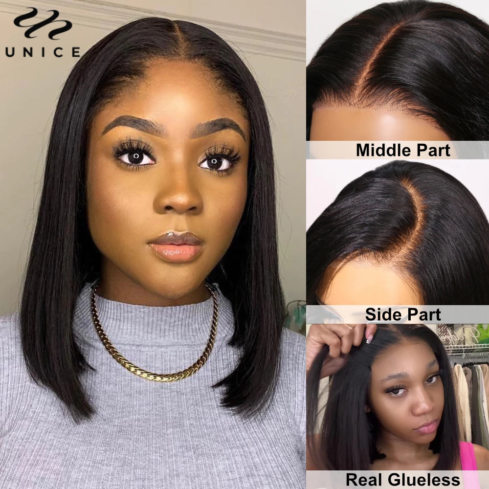 UNice Bye-Bye Knots 7x5 Lace Pre Cut Pre Bleached Glueless Human Hair Bob Wig With Invisi Drawstring 150% Density