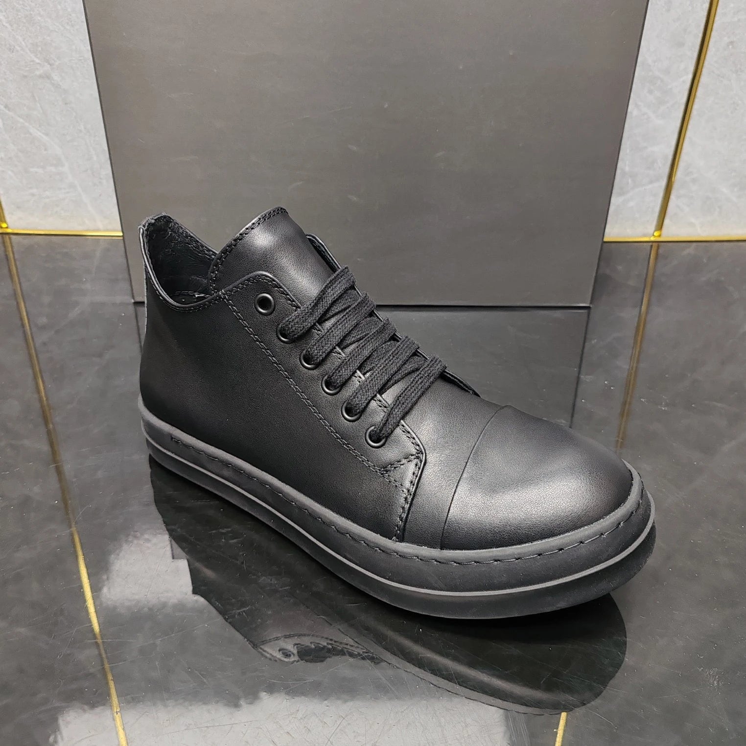 Designer Style Men's Leather Shoes Couples Retro Low-top Board Shoes Hip Hop Platform Sneakers Black