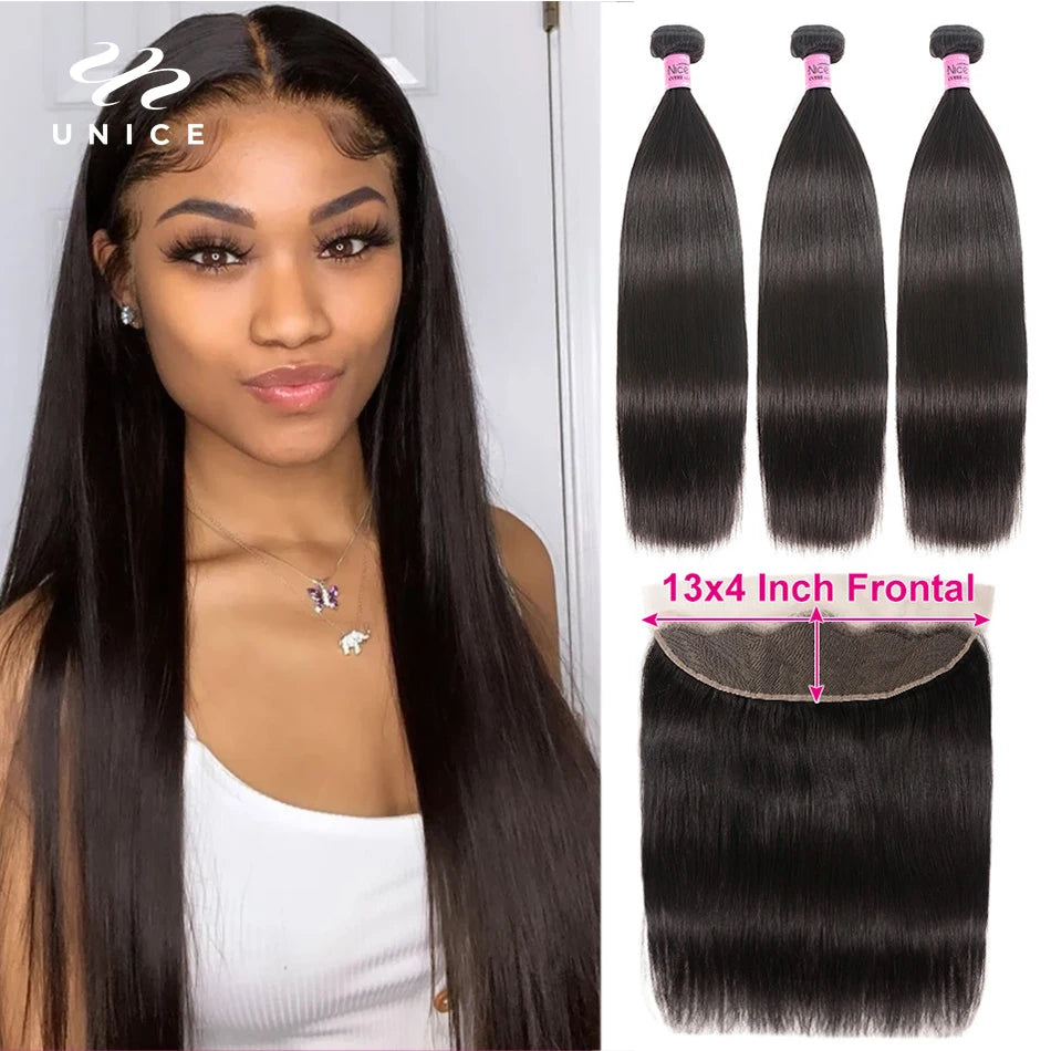 Unice Hair Brazilian Straight Hair Lace Frontal Closure With Bundles 4 PCS Human Hair Extensions Brazilian Hair Weave Bundles