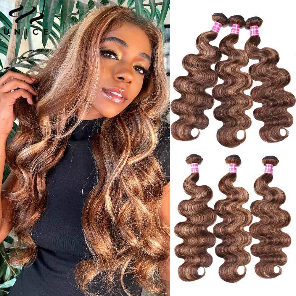 Unice Hair Blonde Highlight Body Wave Human Hair Bundles 1/3/4 Bundles 100% Human Hair Quick Weave Sew In Hair Extensions