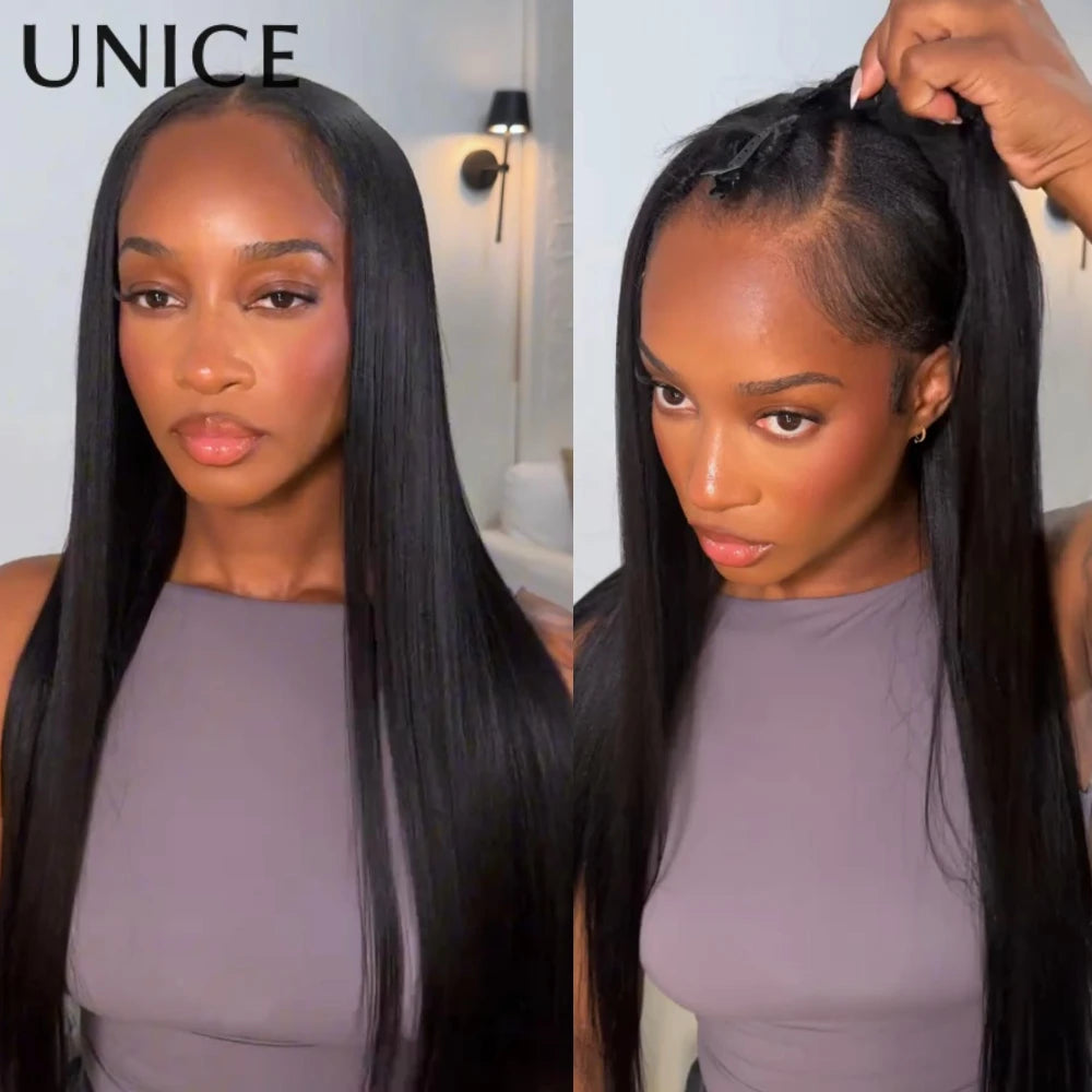 Unice Hair EasiContour Yaki Straight V Part Wig 100% Human Hair Clip In Half Wig No Glue Mini Leave Out Wig Read To Wear Go