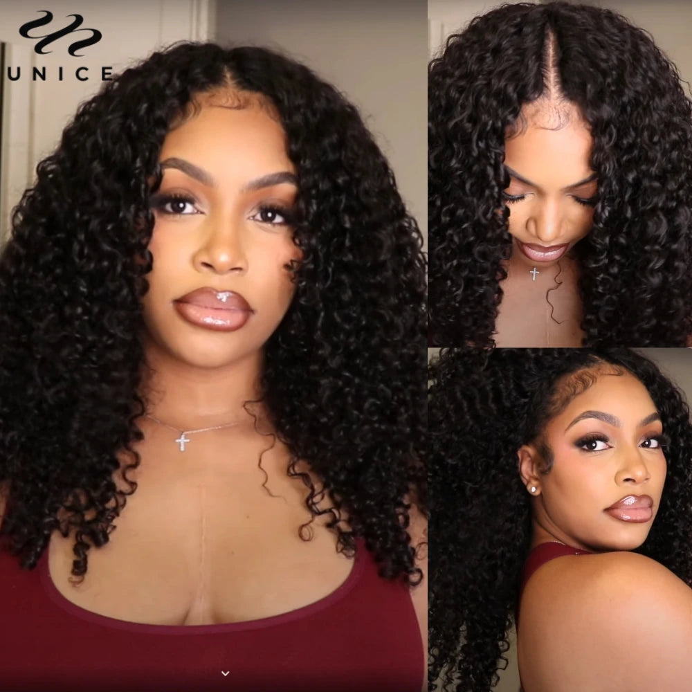 UNICE Hair Drawstring Cap Curly V Part Wig Small Head Friendly Clip-In Human Hair Wigs No Glue Minimal Leave-out 150% Densit
