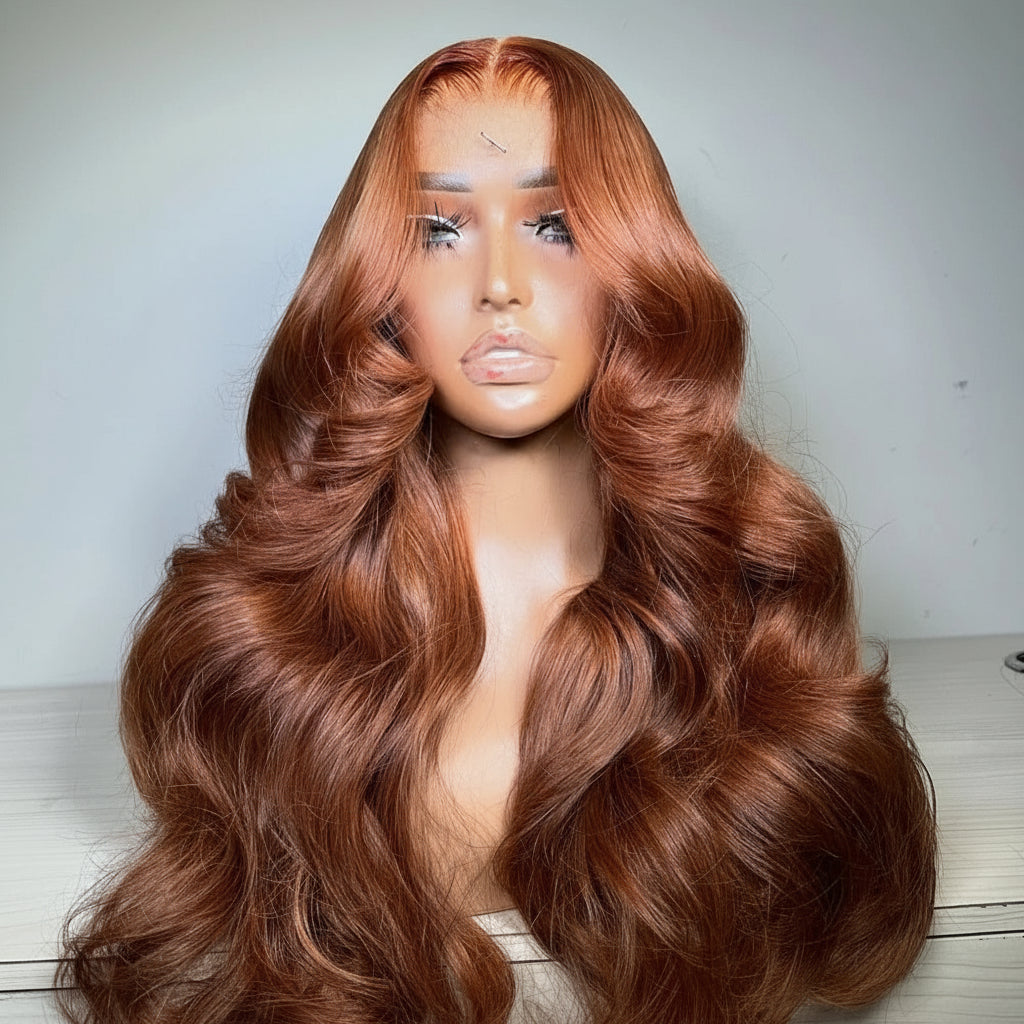 Premium Reddish Brown Body Wave Lace Front Wig - 13x6 HD Brazilian Human Hair Wig 30-40 Inch